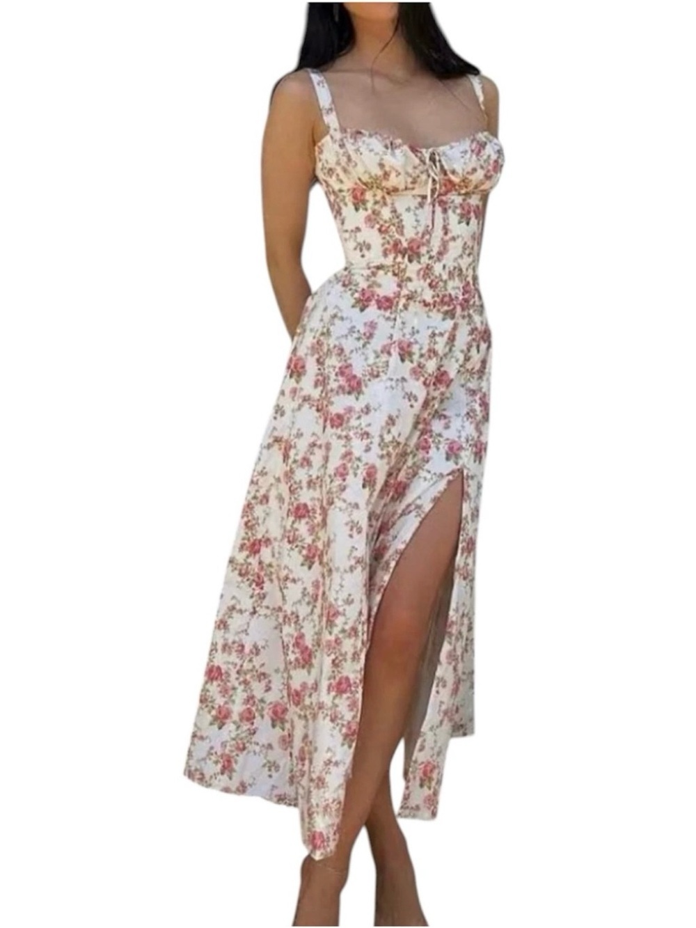 Commense White Rosebud Floral Bustier Midi Dress Medium NWT Lace Up Back